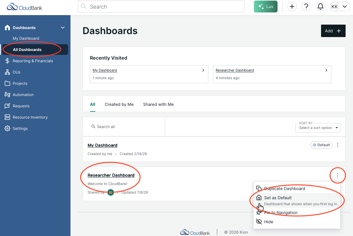 Change Default Dashboard