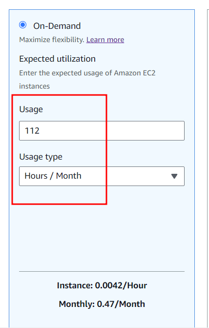 Screenshot of AWS EC2 cost estimator allowing you to change the estimated uptime for an On-Demand priced VM